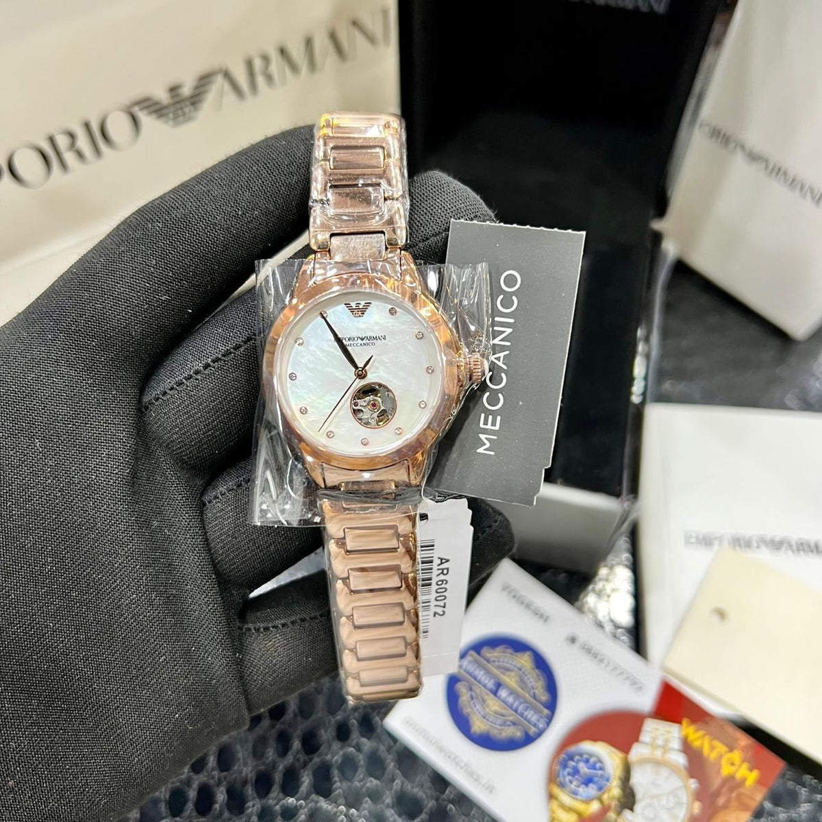 Emporio Armani Mia Meccanico Mother of Pearl Dial Rose Gold Steel Strap Watch for Women - AR60072