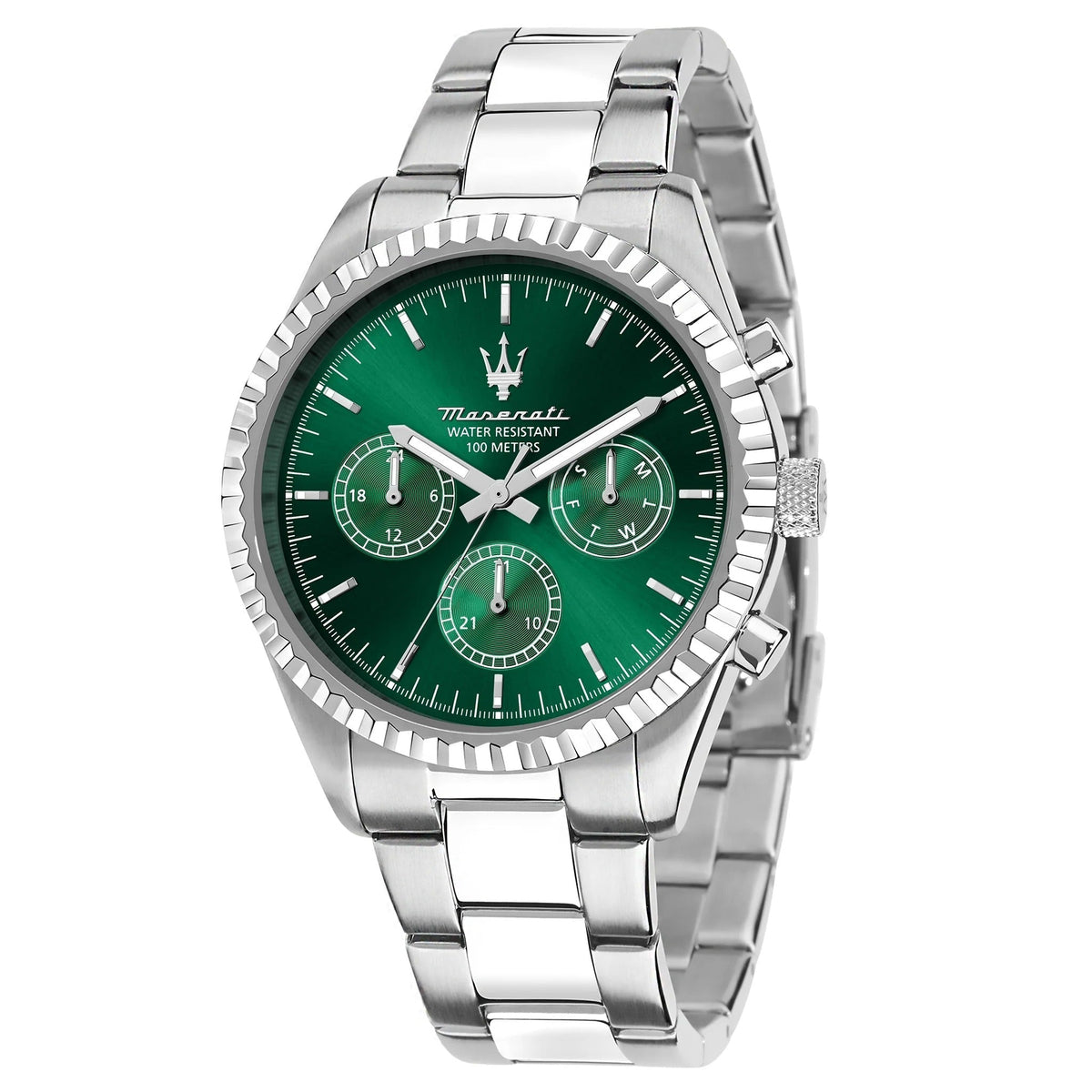 Maserati Competizione Chronograph Green Dial Silver Steel Strap Watch for Men - R8853100044