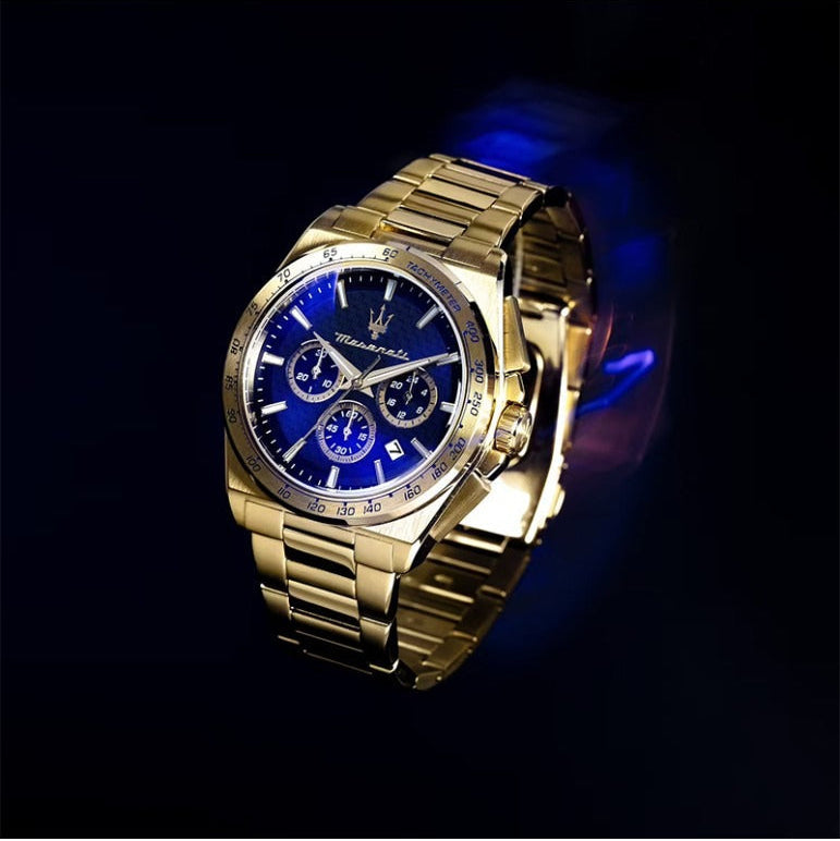 Maserati Velocità Chronograph Blue Dial Gold Steel Strap Watch for Men - R8873652002