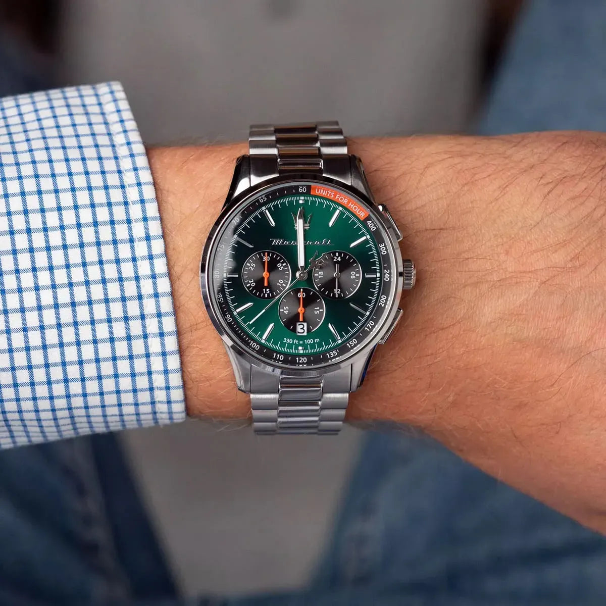 Maserati Sorpasso Chronograph Green Dial Silver Steel Strap Watch for Men - R8873624002