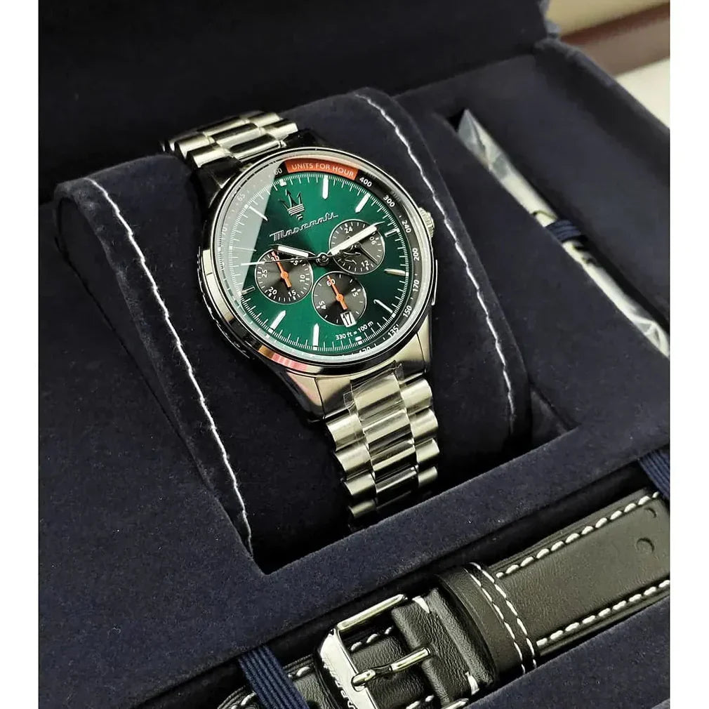 Maserati Sorpasso Chronograph Green Dial Silver Steel Strap Watch for Men - R8873624002