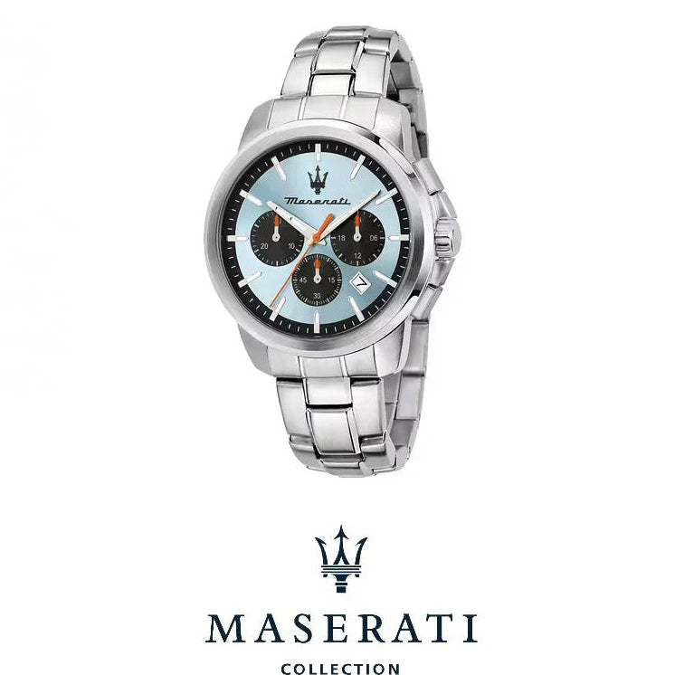 Maserati Successo Chronograph Ice Blue Dial Silver Steel Strap Watch for Men - R8873621044