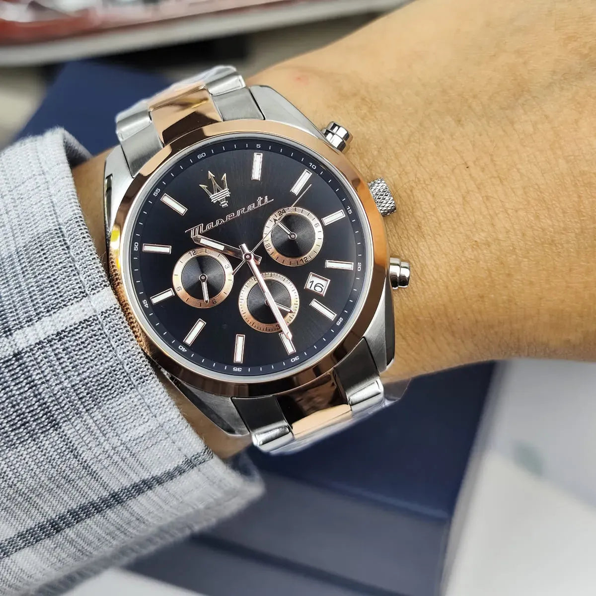 Maserati Attrazione Chronograph Black Dial Two Tone Steel Strap Watch for Men - R8853151002
