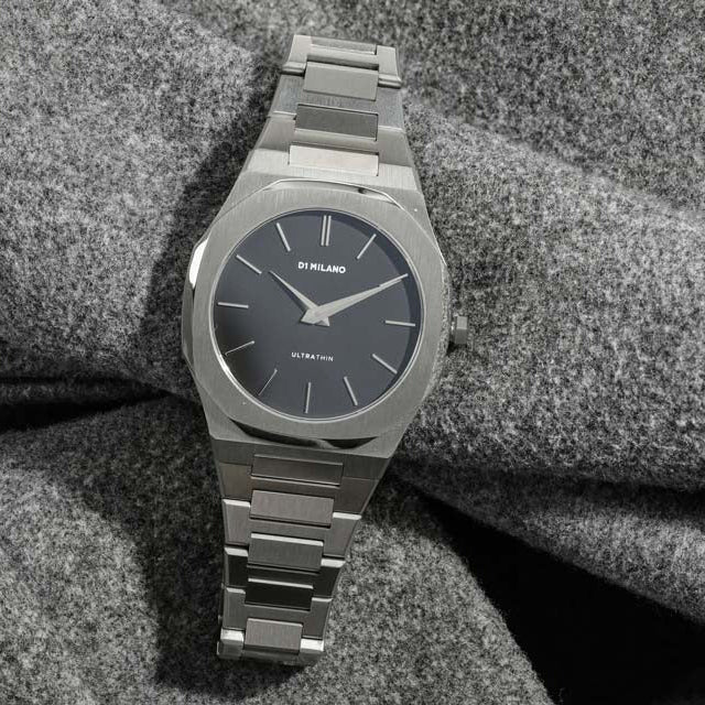 D1 Milano Ultra Thin Matte Black Dial Silver Steel Strap Watch for Men - D1-UTBJ40