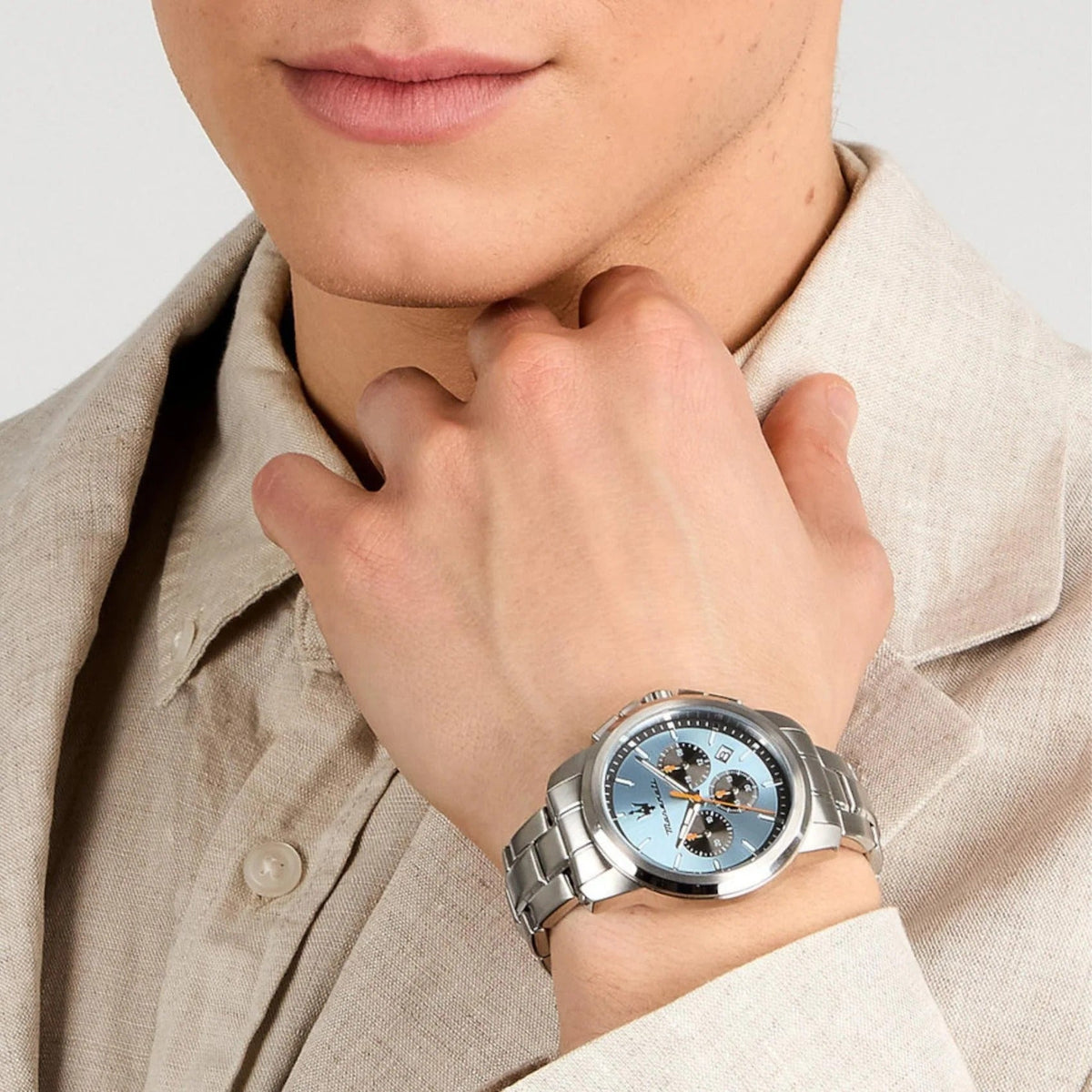 Maserati Successo Chronograph Ice Blue Dial Silver Steel Strap Watch for Men - R8873621044
