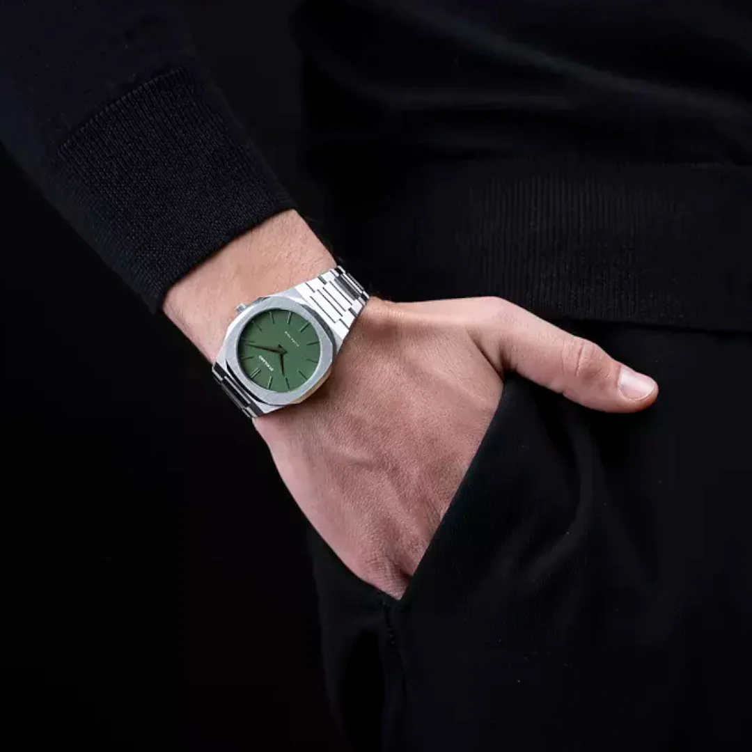 D1 Milano Ultra Thin Moss Green Dial Silver Steel Strap Watch for Men - D1-UTBJ06