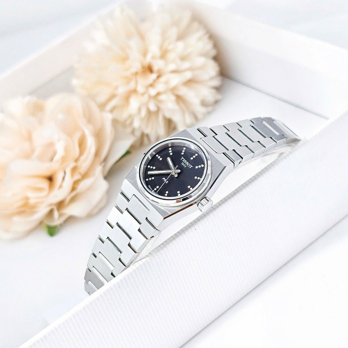 Tissot PRX Quartz Diamonds Black Dial Silver Steel Strap Watch for Women - T137.010.11.056.00