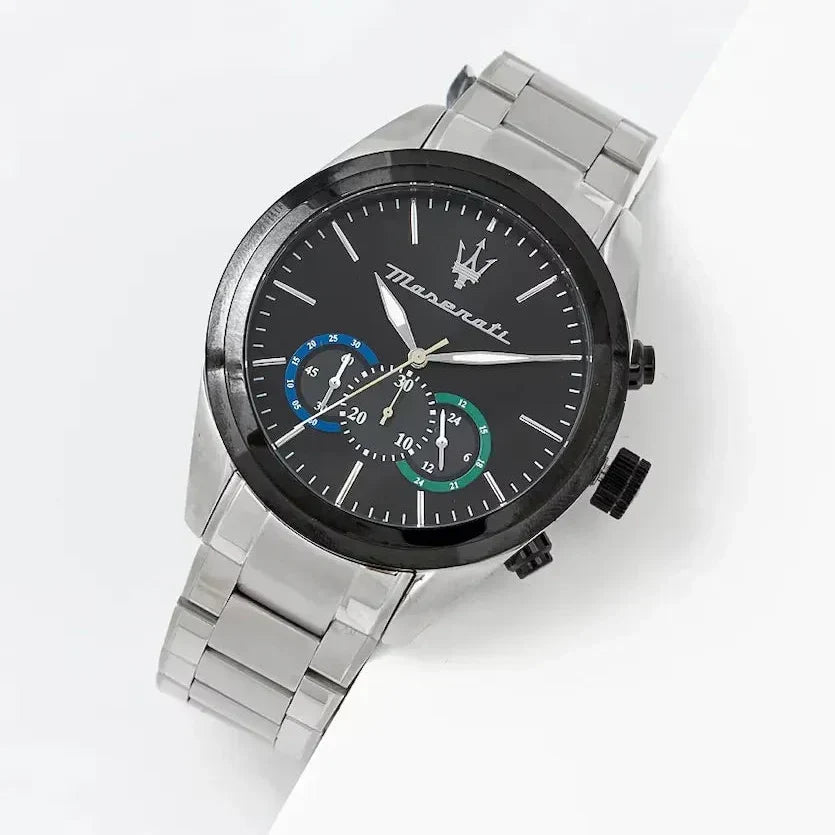 Maserati Traguardo Chronograph Black Dial Silver Steel Strap Watch for Men - R8873612061