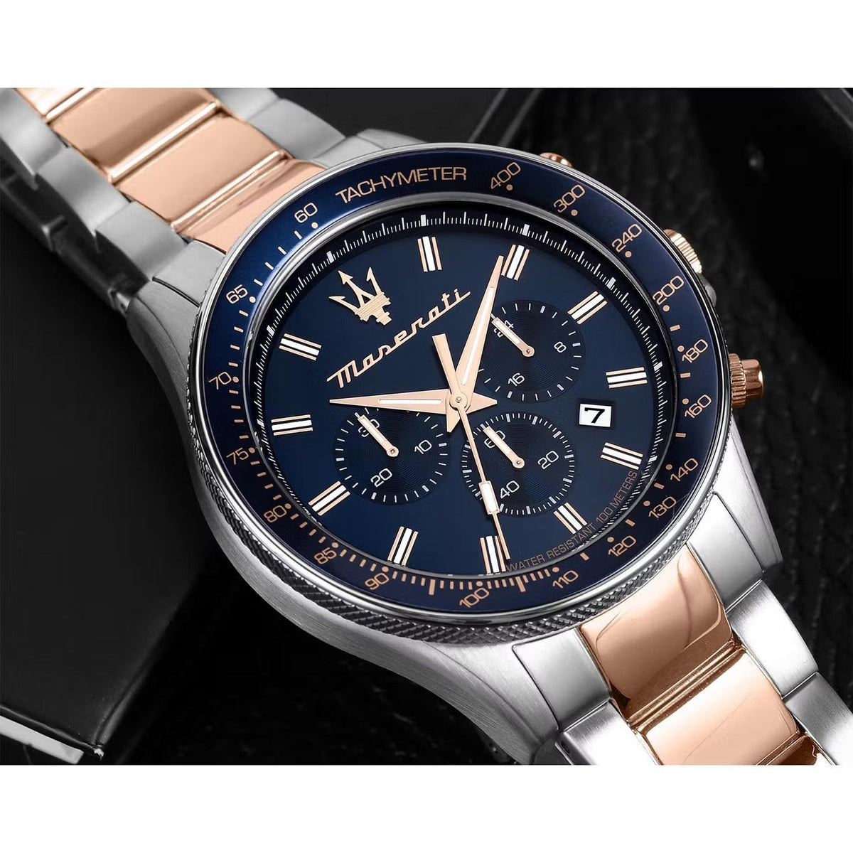 Maserati SFIDA Chronograph Blue Dial Two Tone Steel Strap Watch for Men - R8873640022