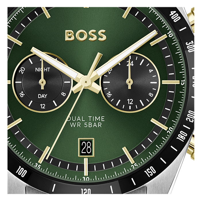 Hugo Boss Tourmaster Chronograph Green Dial Two Tone Steel Strap Watch for Men - 1514287