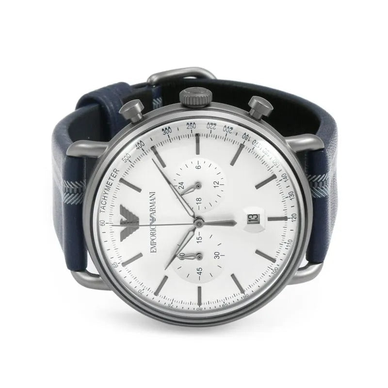 Emporio Armani Aviator Silver Dial Two Tone Leather Strap Watch for Men - AR11202