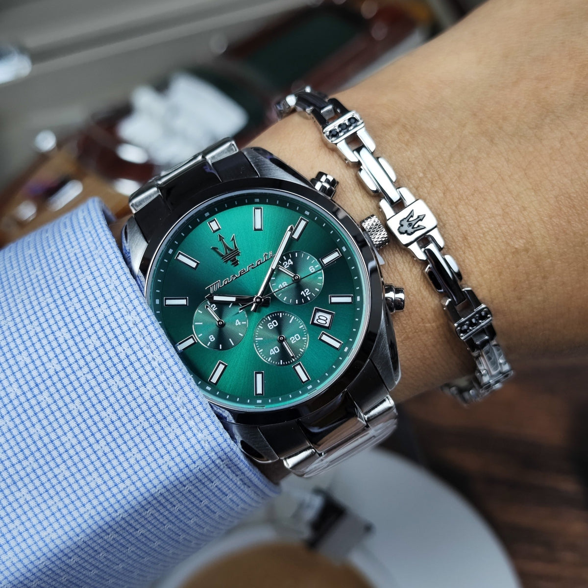 Maserati Attrazione Chronograph Green Dial Silver Steel Strap Watch for Men - R8853151011