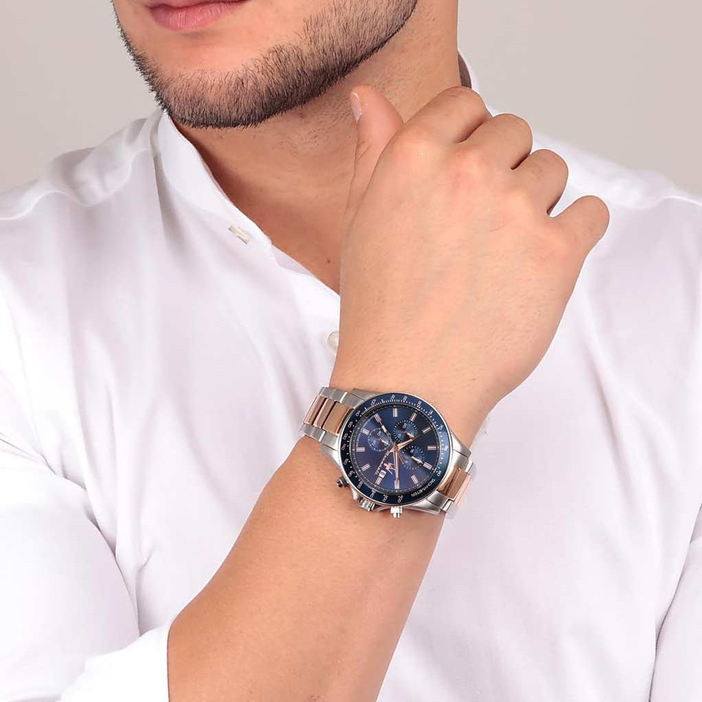 Maserati SFIDA Chronograph Blue Dial Two Tone Steel Strap Watch for Men - R8873640022
