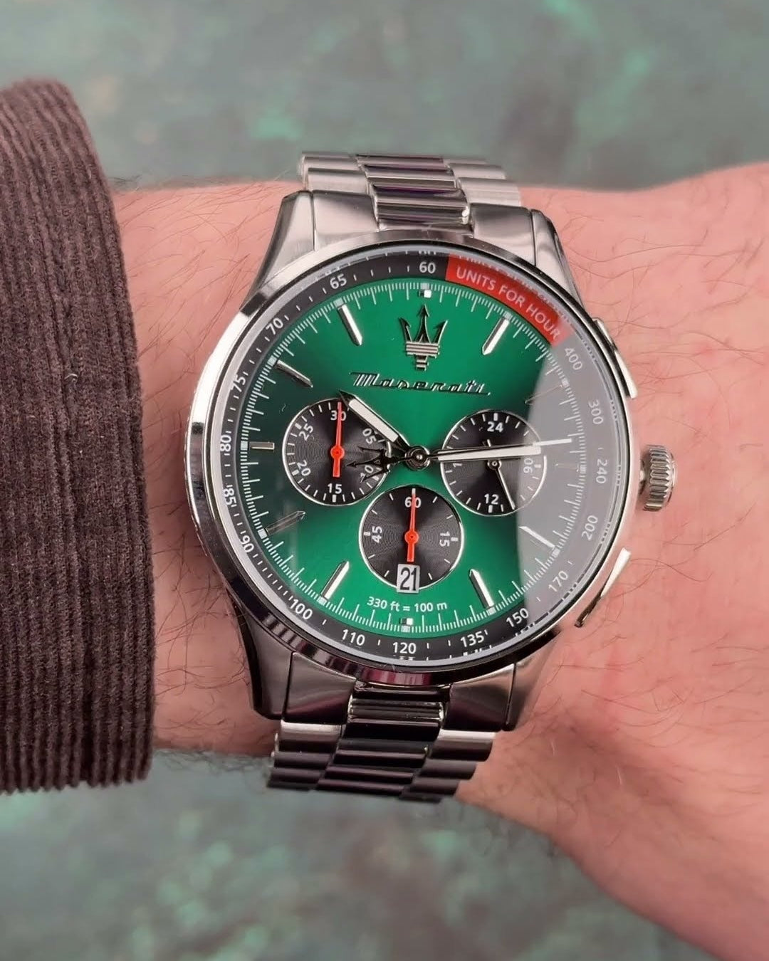 Maserati Sorpasso Chronograph Green Dial Silver Steel Strap Watch for Men - R8873624002