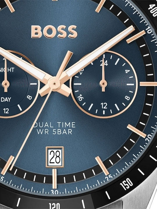 Hugo Boss Tourmaster Chronograph Blue Dial Two Tone Steel Strap Watch for Men - 1514288