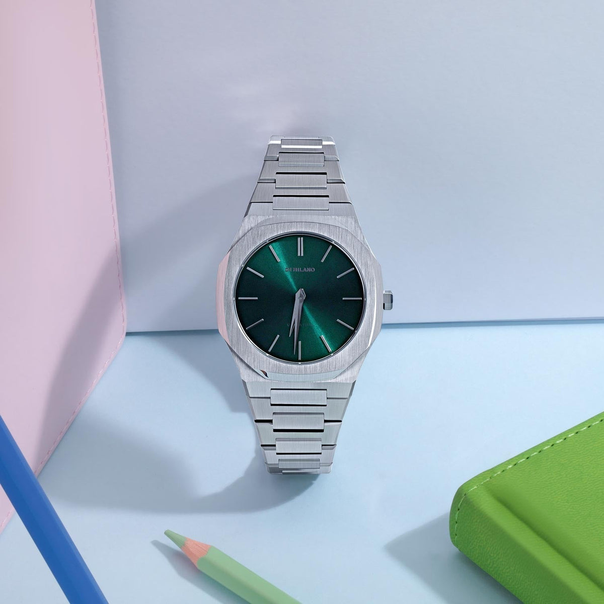 D1 Milano Ultra Thin Green Dial Silver Steel Strap Watch for Men - D1-UTBJ37