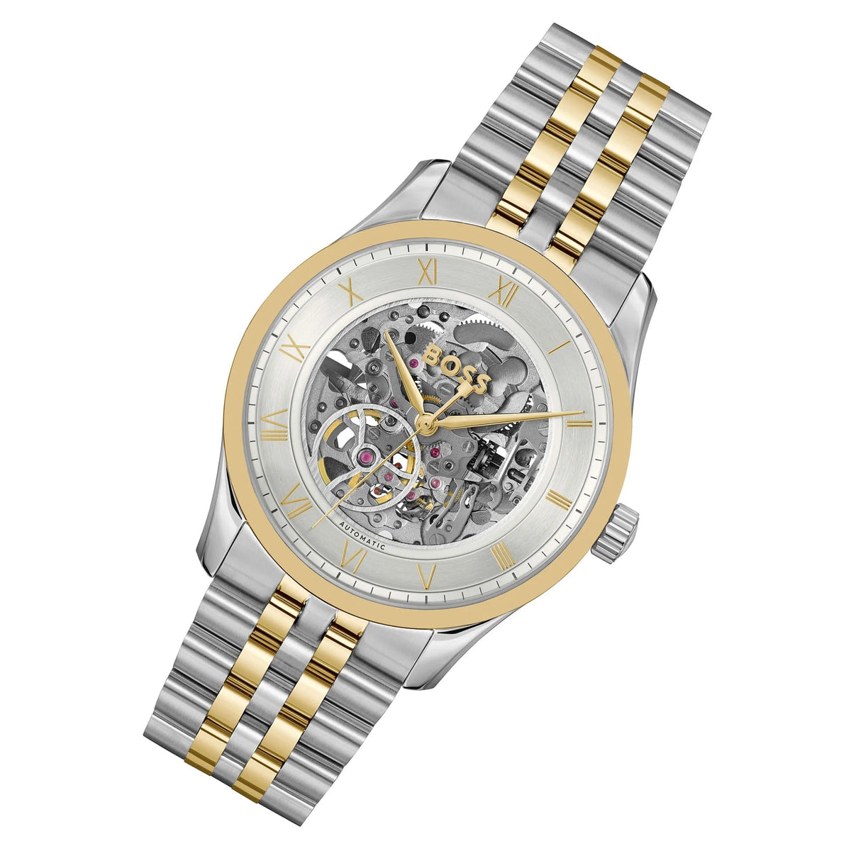 Hugo Boss Principle Skeleton Silver Dial Two Tone Steel Strap Watch for Men - 1514237
