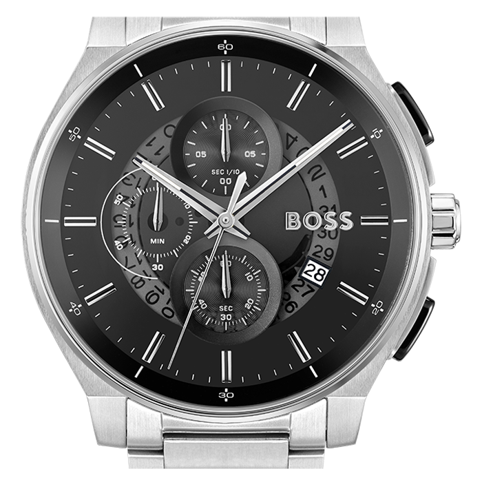 Hugo Boss Peak Chronograph Black Dial Silver Steel Strap Watch for Men - 1514191