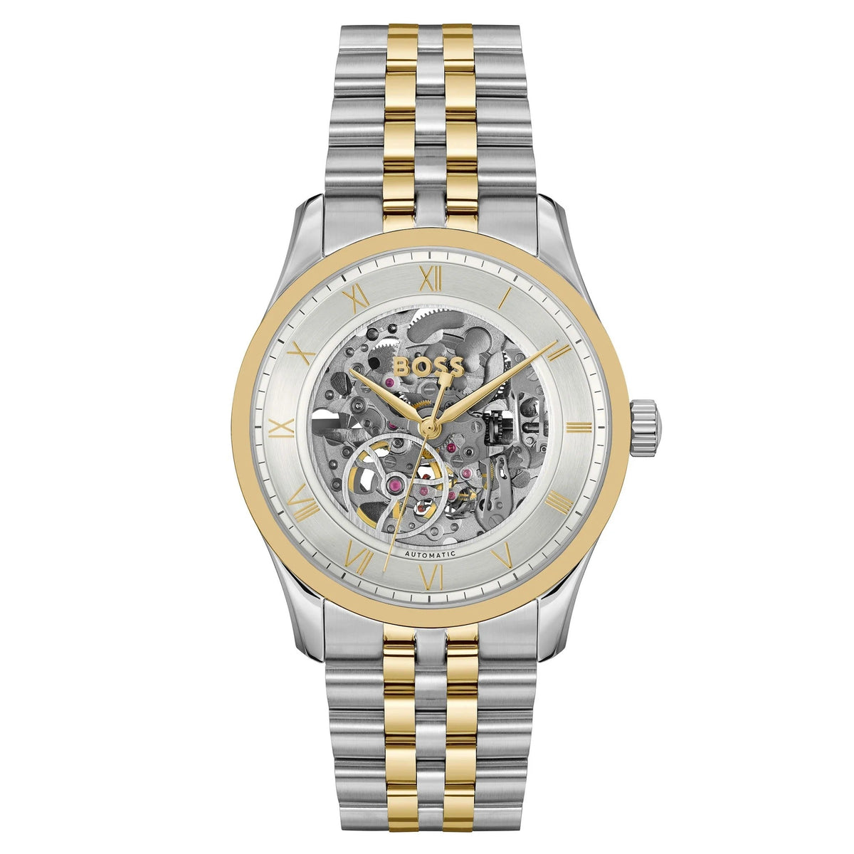 Hugo Boss Principle Skeleton Silver Dial Two Tone Steel Strap Watch for Men - 1514237