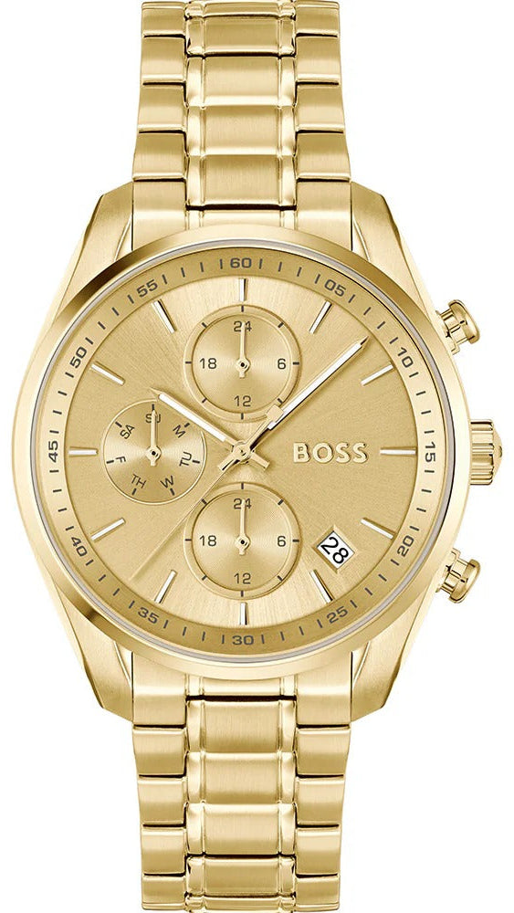 Hugo Boss Grand Tour Chronograph Gold Dial Gold Steel Strap Watch for Women - 1502768
