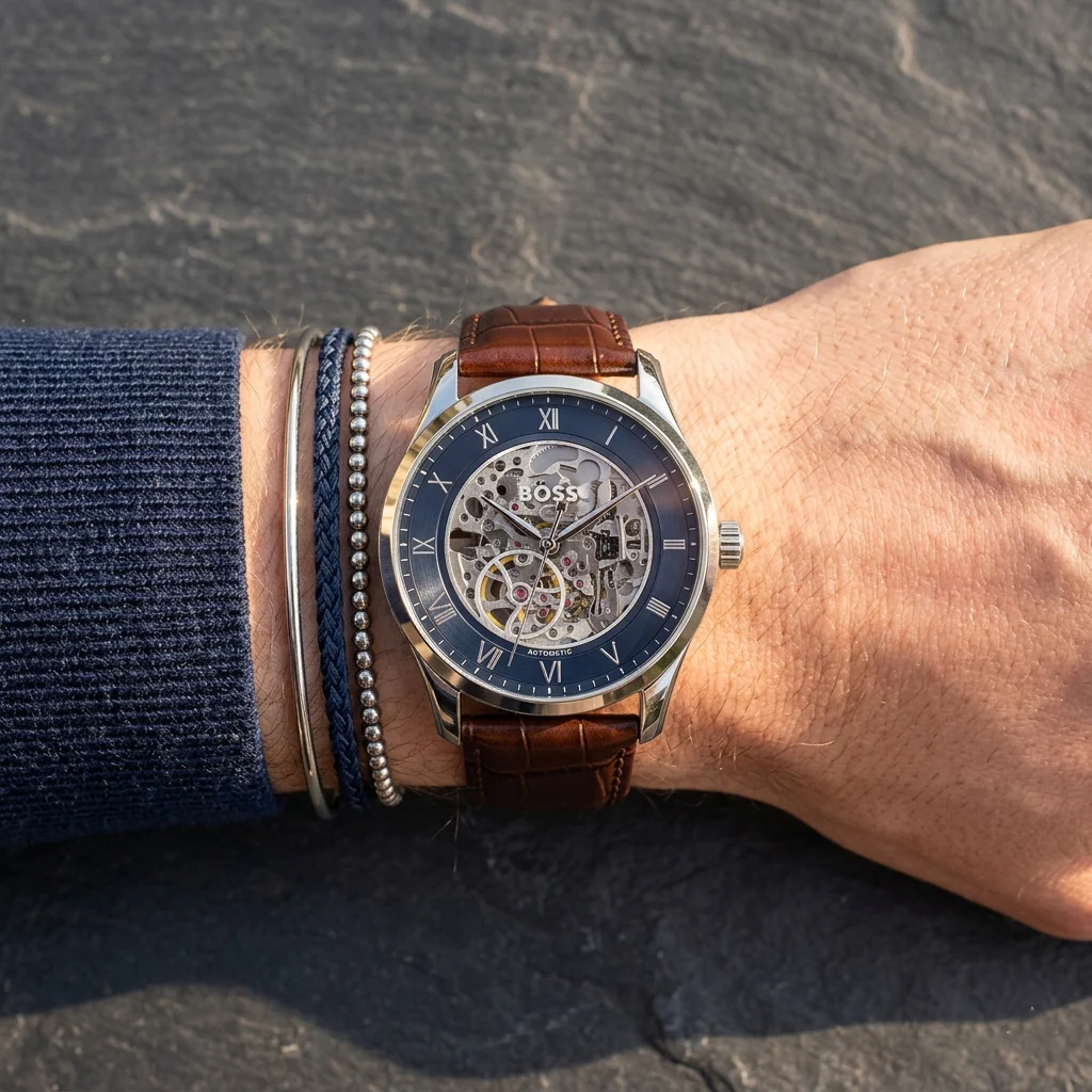 Hugo Boss Principle Skeleton Blue Dial Brown Leather Strap Watch for Men - 1514305