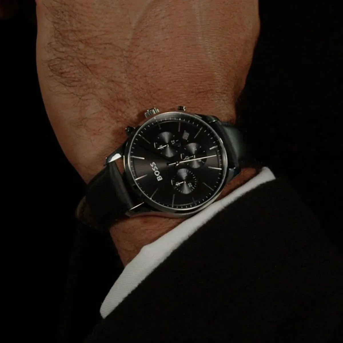 Hugo Boss Avery Chronograph Black Dial Black Leatherr Strap Watch for Men - 1514211