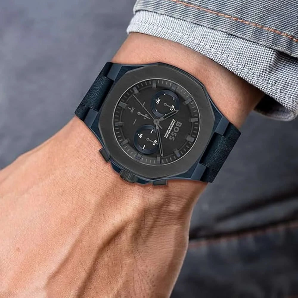 Hugo Boss Taper Chronograph Black Dial Blue Leather Strap Watch for Men - 1514086