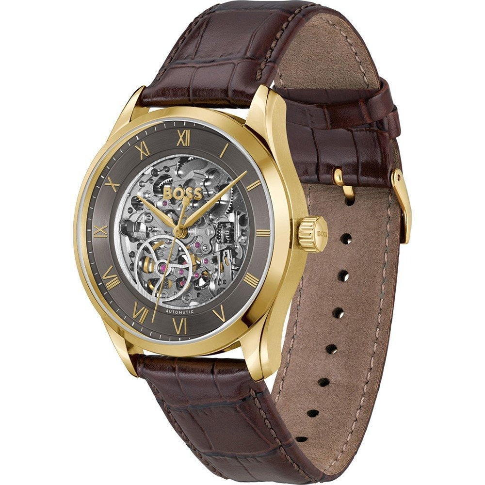 Hugo Boss Principle Skeleton Grey Dial Brown Leather Strap Watch for Men - 1514235