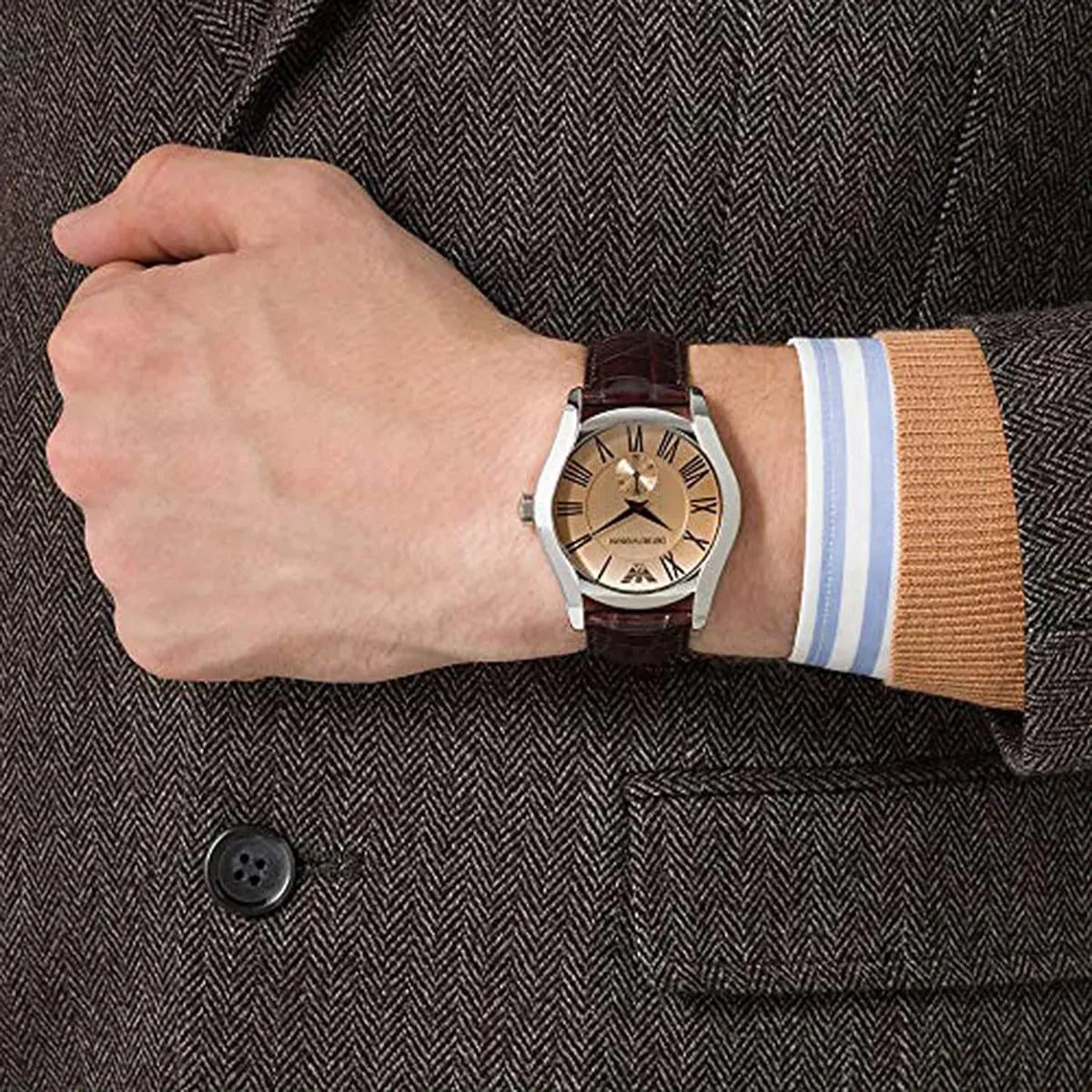Emporio Armani Classic Beige Dial Brown Leather Strap Watch for Men - AR0645
