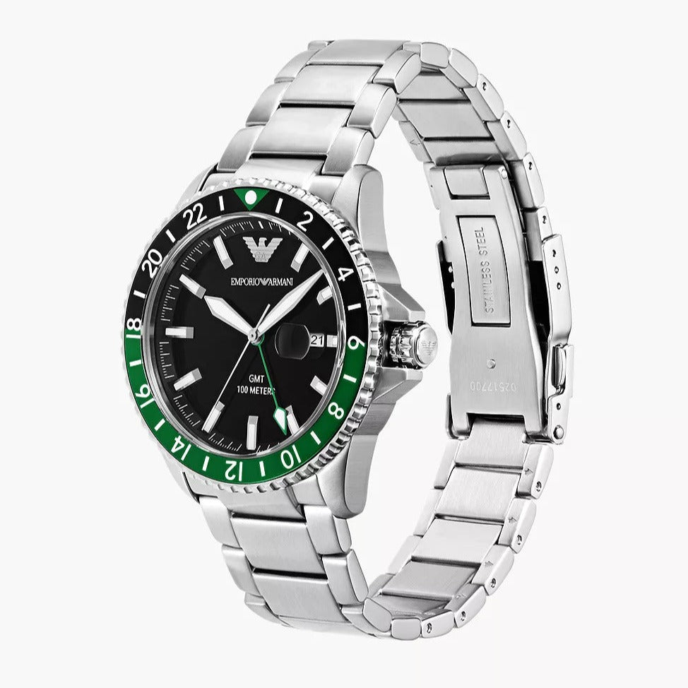 Emporio Armani Sea Explorer GMT Black Dial Silver Steel Strap Watch For Men - AR11589