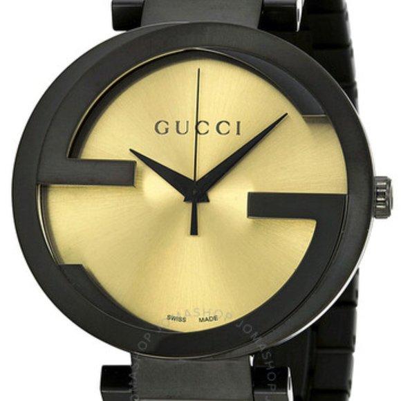 Shop Authentic Gucci Interlocking Grammy XL Gold Dial Black Steel Strap Watch for Men - YA133209 - Luxxuri