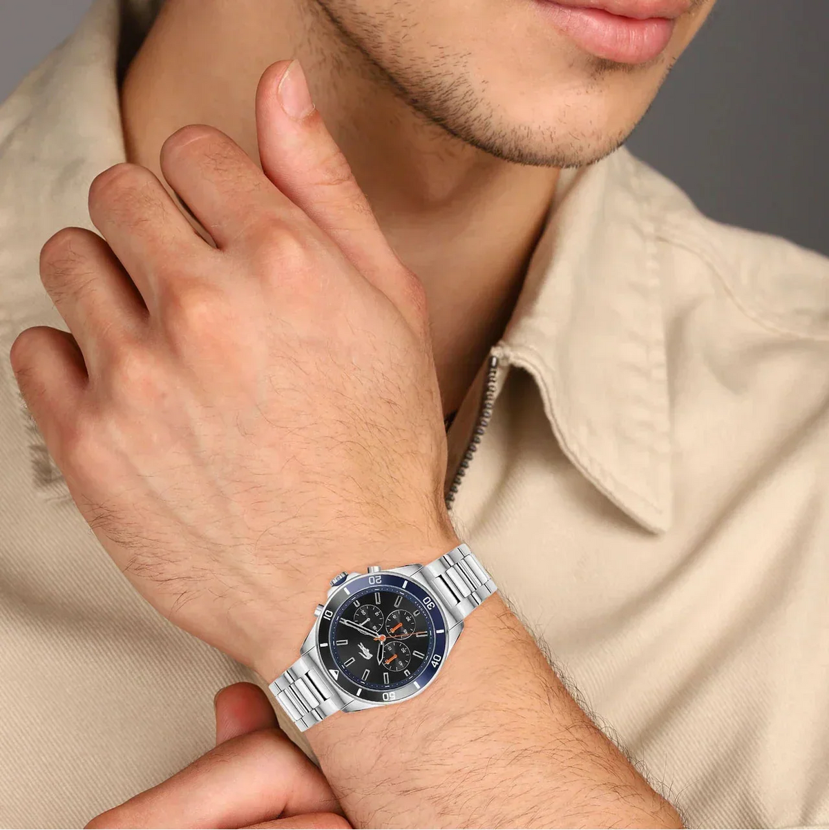Lacoste Tiebreaker Chronograph Black Dial Silver Steel Strap Watch for Men - 2011155
