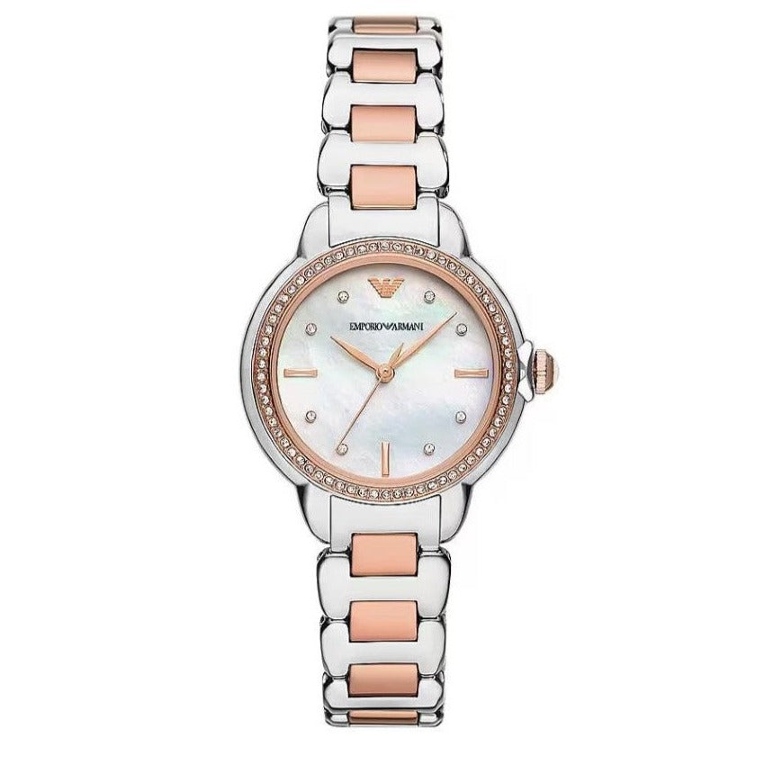 Emporio Armani Three Hand Mother of Pearl Dial Two Tone Steel Strap Watch For Women - AR11569