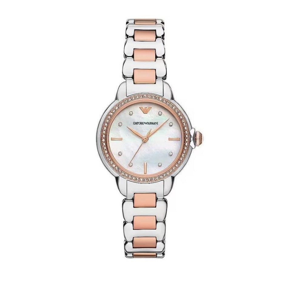 Emporio Armani Three Hand Mother of Pearl Dial Two Tone Steel Strap Watch For Women - AR11569