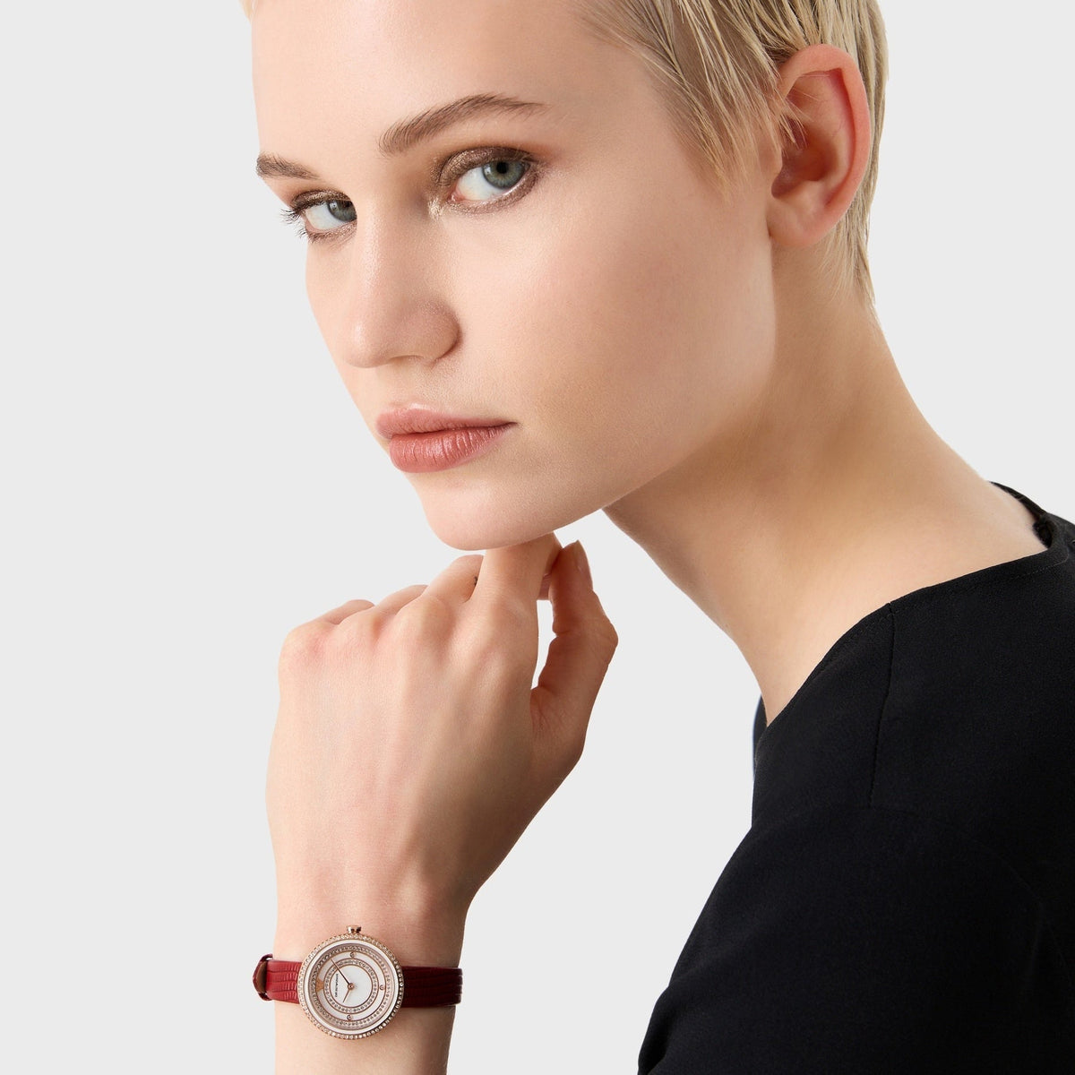 Emporio Armani Two-Hand Analog White Dial Red Leather Strap Watch For Women - AR11532