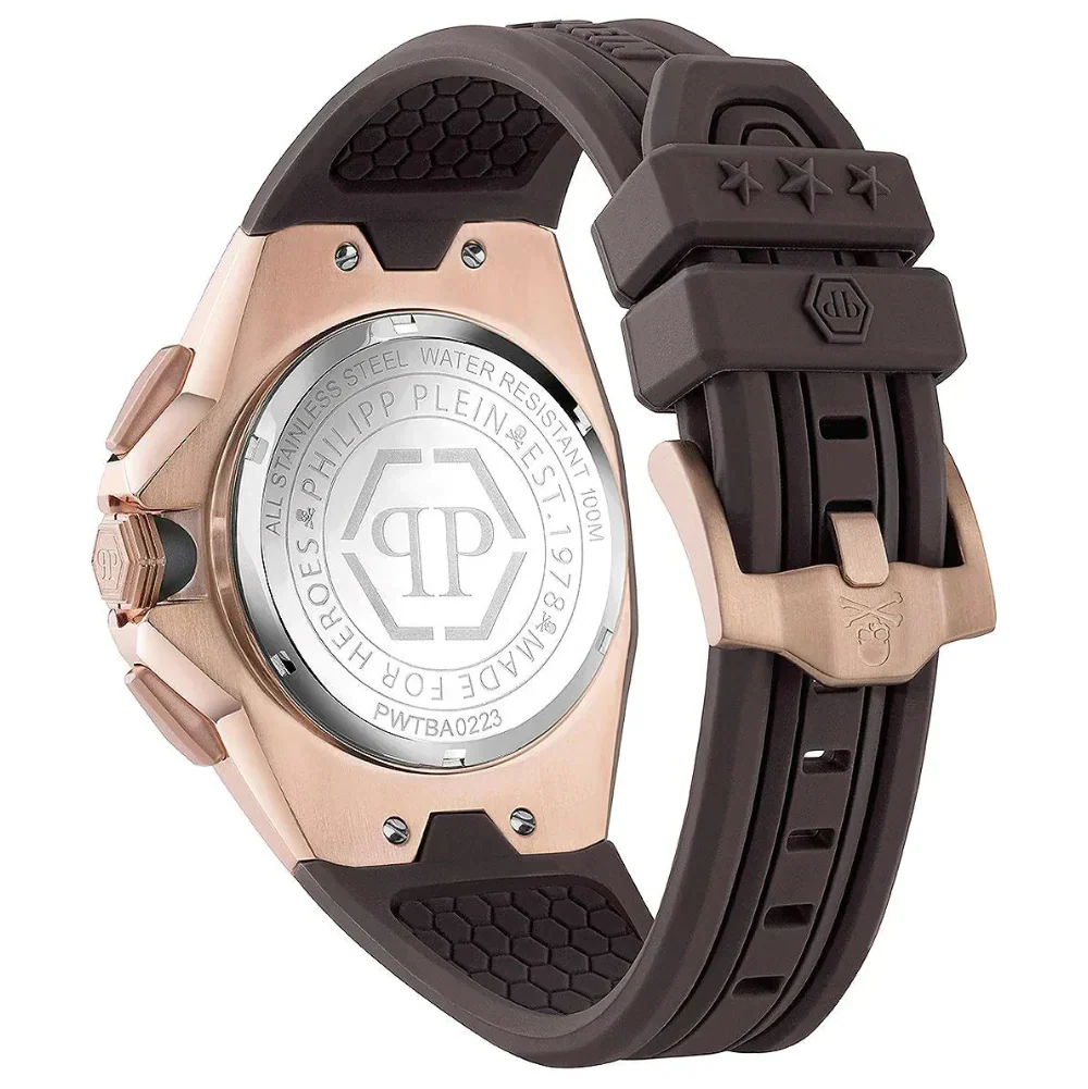 Philipp Plein Octagon Rose Gold Dial Brown Silicone Strap Watch for Men - PWTBA0223