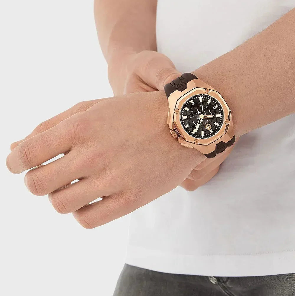 Philipp Plein Octagon Rose Gold Dial Brown Silicone Strap Watch for Men - PWTBA0223