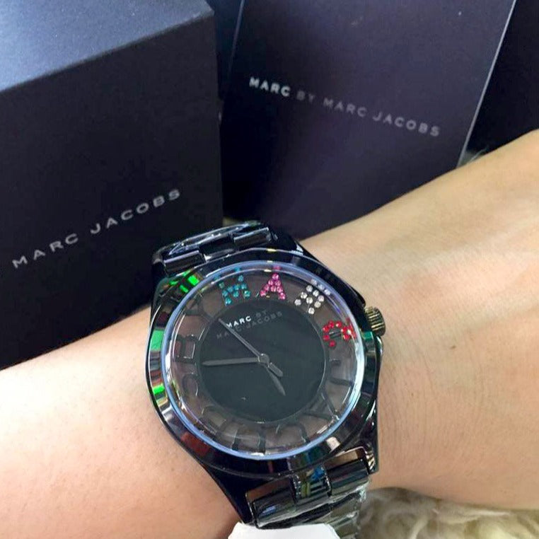 Marc Jacobs Henry Skeleton Black Dial Black Steel Strap Watch for Women - MBM3265