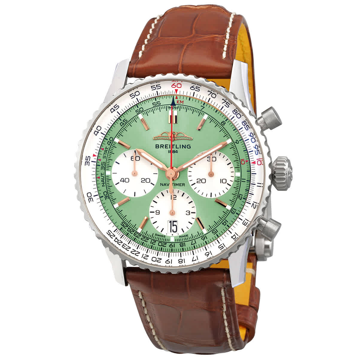 Breitling Navitimer B01 Chronograph 41 Green Dial Brown Leather Strap Watch for Men - AB0139211L1P1