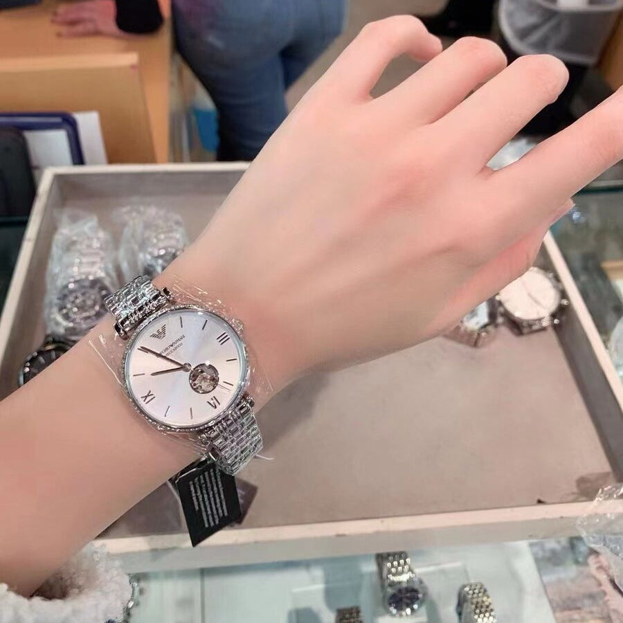Emporio Armani Meccanico Gianni T-Bar Automatic Silver Dial Silver Steel Strap Watch For Women - AR60022