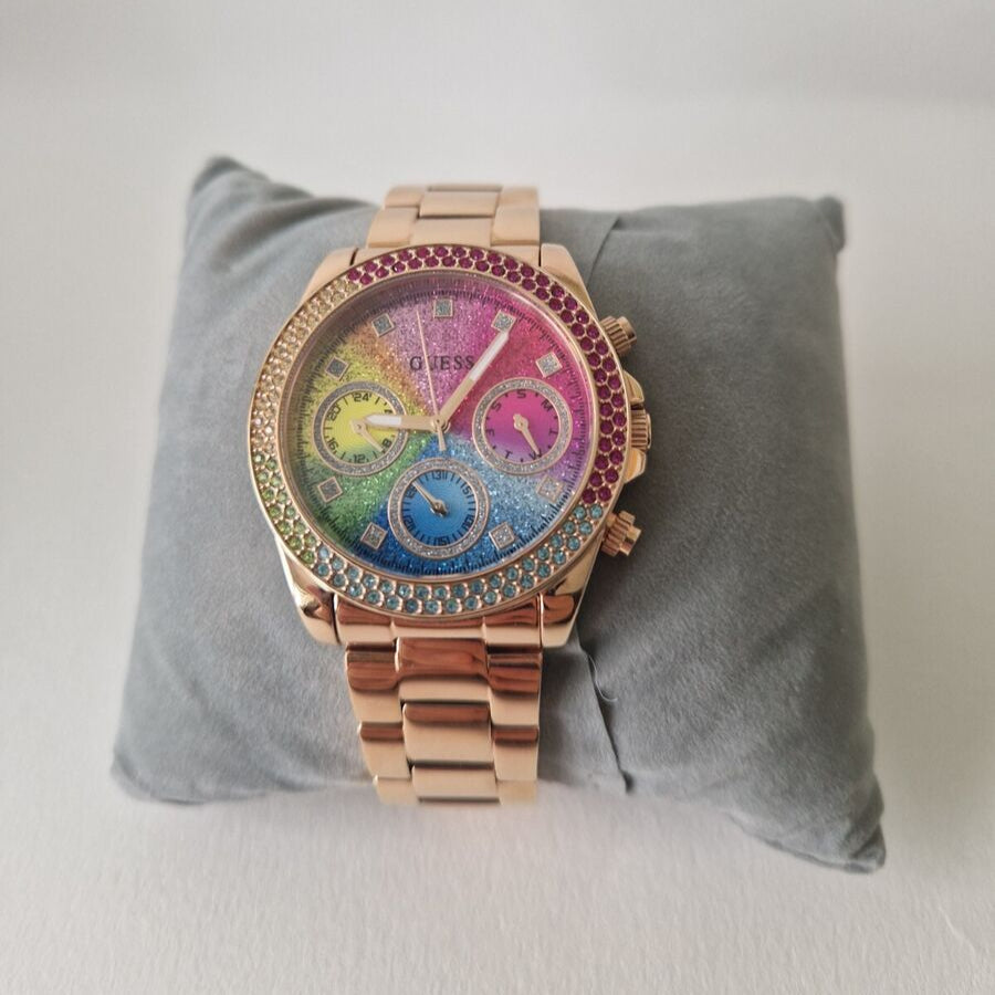 Guess Confetti Chronograph Rainbow Dial Gold Steel Strap Watch For Women - GW0483L4