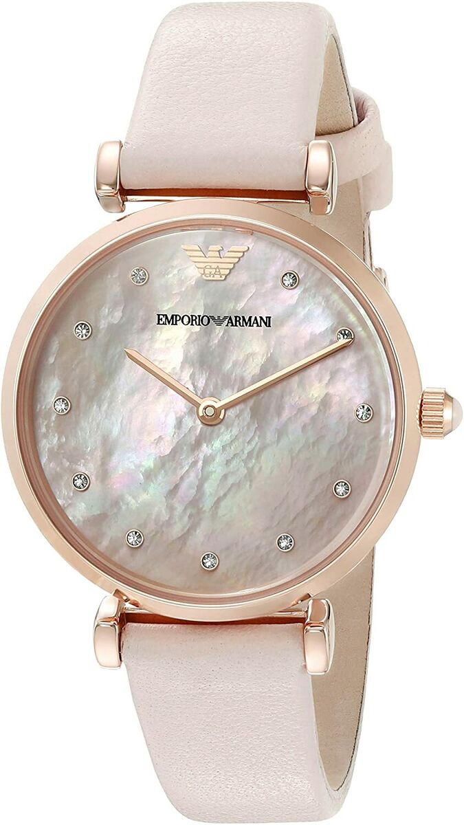 Emporio Armani Gianni T Bar Mother Of Pearl Pink Dial Pink Leather Strap Watch For Women - AR1958
