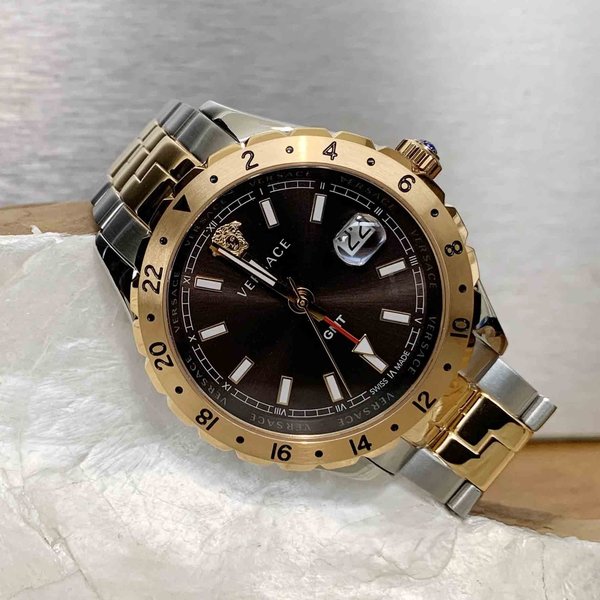 Versace Hellenyium GMT Black Dial Two Tone Steel Strap Watch for Men - V11040015