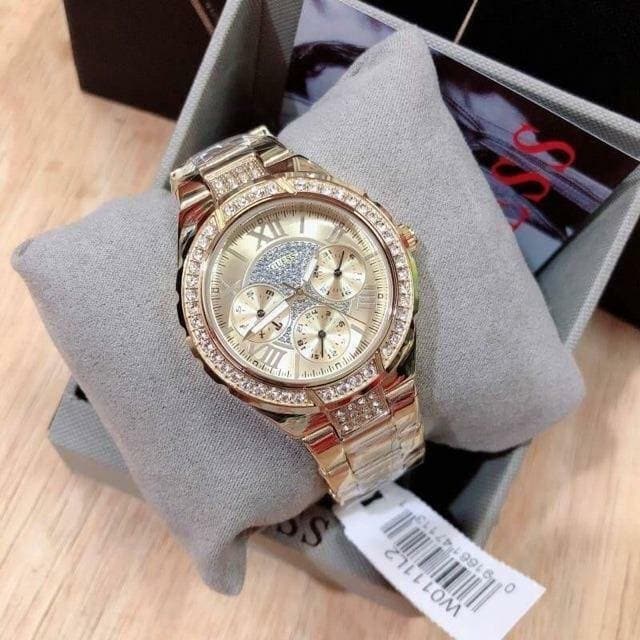 Guess Viva Diamonds Gold Dial Gold Steel Strap Watch for Women - W0111L2
