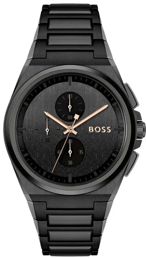 Hugo Boss Steer Chronorgaph Black Dial Black Steel Strap Watch For Men - 1514068
