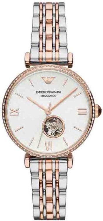 Emporio Armani Meccannico Gianni T-Bar Analog White Dial Two Tone Steel Strap Watch For Women - AR60019