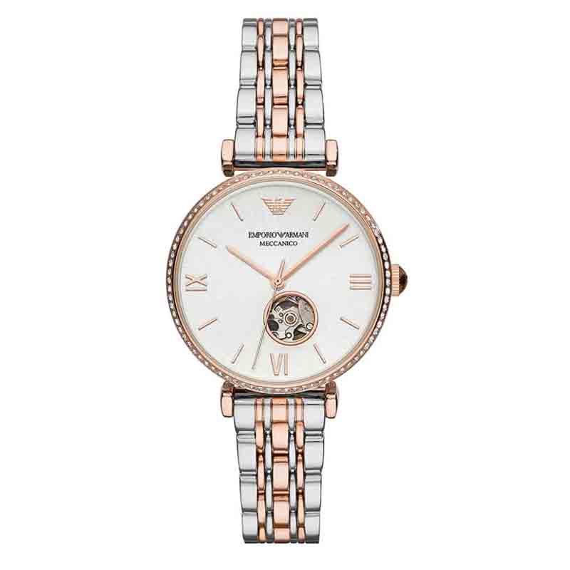 Emporio Armani Meccannico Gianni T-Bar Analog White Dial Two Tone Steel Strap Watch For Women - AR60019