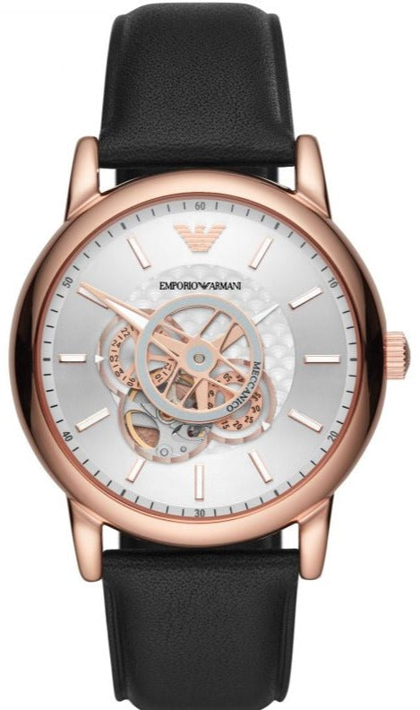 Emporio Armani Luigi Automatic Skeleton Silver Dial Black Leather Strap Watch For Men - AR60013
