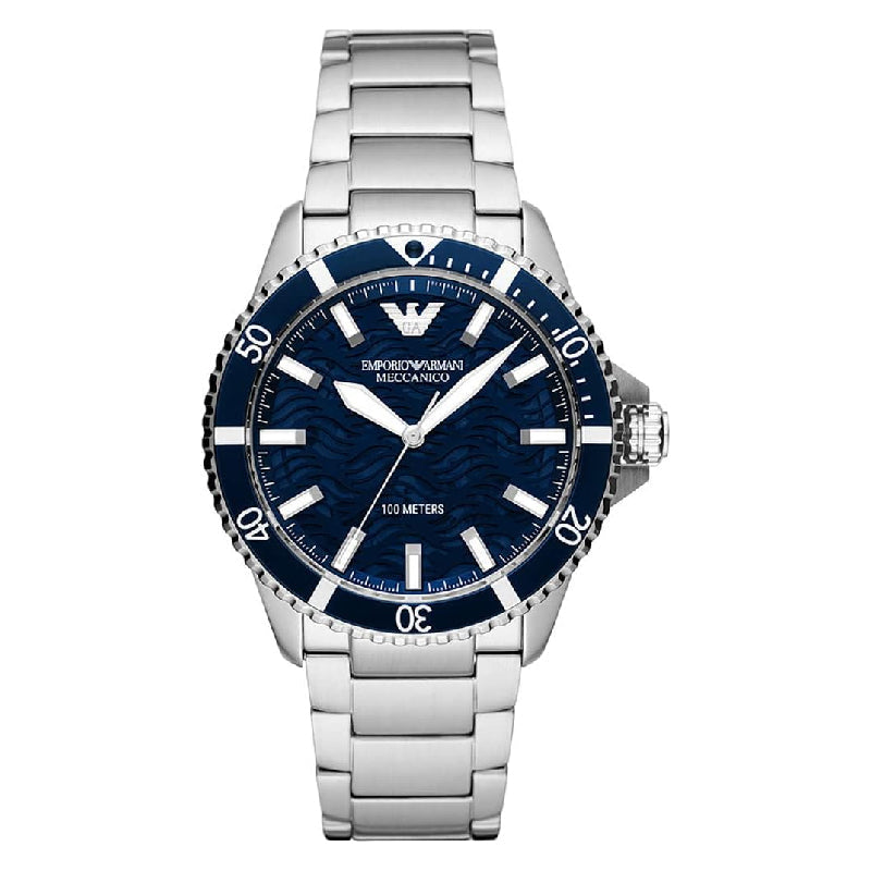 Emporio Armani Sea Explorer Meccanico Automatic Blue Dial Silver Steel Strap Watch For Men - AR60059
