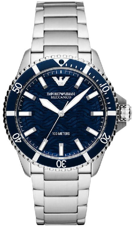 Emporio Armani Sea Explorer Meccanico Automatic Blue Dial Silver Steel Strap Watch For Men - AR60059